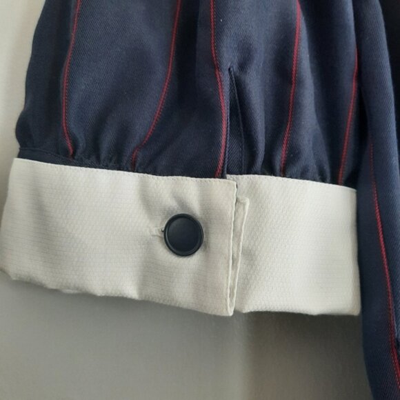 NINA RICCI Retro Maxi Length Long Pin-Stripe Dress White Collar Navy Blue Sz 12 - Picture 11 of 16